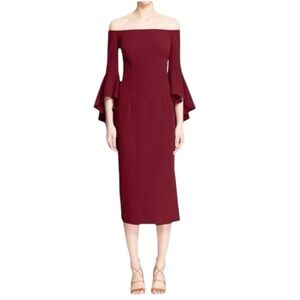 Off-Shoulder Bell Sleeve Midi Dress in Burgundy